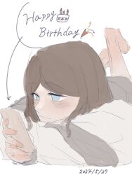 Rule 34 | 1girl, bang dream!, bang dream! it&#039;s mygo!!!!!, barefoot, blue eyes, blush, brown hair, cellphone, closed mouth, commentary, dated, grey shirt, happy birthday, hashtag-only commentary, highres, holding, holding phone, kanaha lazy, long hair, long sleeves, lying, nagasaki soyo, on stomach, phone, shirt, simple background, smartphone, smile, solo, white background