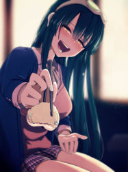 Rule 34 | 1girl, absurdres, aqua hair, at2., black hair, blazer, blush, breasts, chopsticks, feeding, food, hairband, heart, heart-shaped pupils, highres, incoming food, jacket, long hair, looking at viewer, md5 mismatch, open mouth, pleated skirt, pov, pov feeding, school uniform, sitting, skirt, smile, solo, sweater, symbol-shaped pupils, touhoku zunko, very long hair, vocaloid, voiceroid, yellow eyes