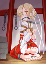 Rule 34 | arms behind back, azur lane, barefoot, bdsm, bit gag, blonde hair, bondage, bound, bound ankles, bound arms, bound legs, bound toes, bound torso, bound wrists, breast bondage, breasts, chain, collar, feet, from behind, full body, gag, hair over one eye, highres, looking at viewer, looking back, medium bangs, mukanata, on floor, restrained, seiza, sheffield (azur lane), shibari, shibari over clothes, short hair, sideboob, sitting, soles, toe cuffs, toes