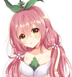 Rule 34 | 1girl, :o, blush, breasts, brown hair, cleavage, collarbone, commentary request, granblue fantasy, hair between eyes, hair ornament, highres, leaf, leaf on head, long hair, medium breasts, monster girl, nameneko (124), plant girl, plant on head, pointy ears, simple background, solo, strapless, twintails, upper body, white background, yellow eyes, yggdrasil (granblue fantasy)
