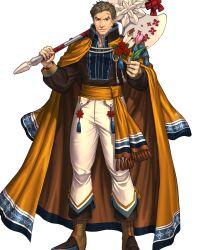 Rule 34 | 1boy, axe, boots, bow, brown eyes, brown hair, cape, feathers, fire emblem, fire emblem: path of radiance, fire emblem: radiant dawn, fire emblem heroes, flower, full body, greil, highres, holding, holding axe, holding weapon, izuka daisuke, male focus, nintendo, official alternate costume, official art, scar, smile, solo, standing, transparent background, weapon