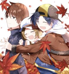 1girl 2boys amai_kouri autumn_leaves baseball_cap black_hair blush brown_hair closed_eyes closed_mouth creatures_(company) ethan_(pokemon) game_freak grey_eyes hat leaf lyra_(pokemon) multiple_boys nintendo open_mouth pokemon pokemon_hgss red_hair silver_(pokemon) simple_background smile white_background