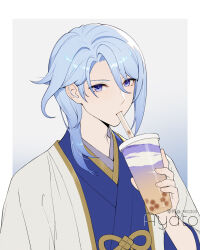 Rule 34 | 1boy, blue eyes, blue hair, bubble tea, character name, cup, disposable cup, drinking straw, drinking straw in mouth, genshin impact, hair between eyes, highres, holding, holding cup, japanese clothes, kamisato ayato, looking at viewer, male focus, rj (lingshih10), simple background, solo, upper body, wide sleeves