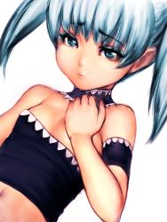Rule 34 | 1girl, aged down, arm garter, bare shoulders, blue eyes, blue hair, choker, covering privates, covering breasts, dutch angle, eyelashes, eyeshadow, flat chest, frown, fumio (rsqkr), hand on own chest, long hair, looking at viewer, makeup, matching hair/eyes, midriff, navel, one breast out, raised eyebrows, short hair, short twintails, simple background, solo, strapless, tube top, twintails, upper body, white background