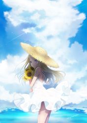 Rule 34 | 1girl, bad id, bad pixiv id, blonde hair, blue sky, cloud, cloudy sky, contrail, cowboy shot, day, dress, flower, from side, hat, highres, holding, holding flower, long hair, looking at viewer, looking back, original, parted lips, purple eyes, sakurai unan, sky, solo, straw hat, summer, sundress, sunflower, twitter username, white dress