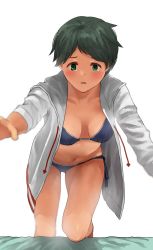Rule 34 | 1girl, bed, bikini, black hair, blue bikini, blurry, breasts, commentary request, cowboy shot, depth of field, drawstring, green eyes, highres, hood, hooded jacket, hoodie, jacket, kantai collection, leaning forward, looking at viewer, mogami (kancolle), short hair, side-tie bikini bottom, simple background, small breasts, solo, swept bangs, swimsuit, tooku nomura (artist), white background, white jacket