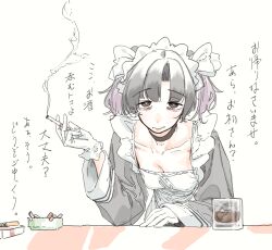 Rule 34 | 1girl, alcohol, ashtray, black eyes, black hair, breasts, choker, cigarette, cigarette pack, cleavage, cup, gloves, highres, holding, holding cigarette, holding cup, lighter, looking at viewer, maid headdress, mattsuu, original, purple hair, smoke, solo, translation request, twintails, whiskey, white gloves