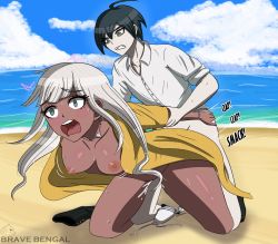 Rule 34 | 1boy, 1girl, ahoge, arm grab, arm pull, artist logo, artist name, beach, bent over, black footwear, blue background, blue eyes, blue hair, blue sky, bottomless, bra, bravebengal, breasts, cleavage, clenched teeth, cloud, coat, collar, collarbone, collared shirt, cum, cum on body, cum on legs, cum on lower body, danganronpa (series), danganronpa v3: killing harmony, dark-skinned female, dark skin, doggystyle, ears, eyelashes, full body, green eyes, hair between eyes, hands on another&#039;s hips, hands on own hips, hetero, highres, jacket, jewelry, kneeling, legs, long hair, long sleeves, medium breasts, medium hair, motion lines, necklace, necktie, nipples, nude, ocean, open mouth, outdoors, pale skin, pants, public indecency, saihara shuichi, seashell, sex, sex from behind, shell, shell necklace, shiny skin, shirt, shore, signature, simple background, sky, sleeves rolled up, sweat, sweatdrop, teeth, twintails, underwear, unworn bikini top, unworn bra, unworn pants, upper teeth only, water, watermark, wavy mouth, white collar, white hair, white shirt, yellow coat, yellow jacket, yonaga angie