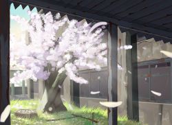 Rule 34 | abandoned, absurdres, ame246, building, cherry blossoms, commentary request, falling petals, grass, highres, no humans, original, petals, pillar, plant, rock, scenery, sky, tree, window