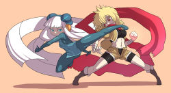 Rule 34 | 2girls, abs, absurdly long hair, arched back, arm behind back, attack, bike shorts, blonde hair, blue eyes, blue legwear, bodysuit, boots, borrowed character, breasts, clenched hand, crop top, cutoffs, dress, electro emilia, fighting, fighting stance, flying kick, hime cut, impossible clothes, impossible shirt, jacket, ken (koala), kicking, leaning, legs, pantyhose under shorts, long hair, microdress, motion blur, multiple girls, neon trim, original, pantyhose, pink background, red eyes, red scarf, scarf, shirt, short sleeves, shorts, unbuttoned, very long hair, white hair, wrappings, wrist wrap