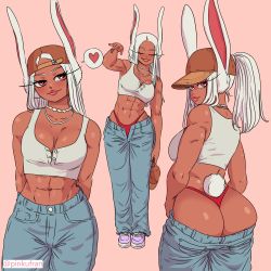 Rule 34 | 1girl, abs, arms behind back, ass, boku no hero academia, breasts, clothes pull, dark-skinned female, dark skin, denim, hat, heart, jeans, jewelry, crop top, mirko, necklace, pants, pants pull, pearl necklace, pinkufran, rabbit ears, rabbit tail, red eyes, shoes, thong, white hair