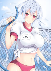 Rule 34 | 1girl, ahoge, alternate costume, blue hair, blush, breasts, buruma, chain-link fence, character name, closed mouth, clothes lift, cloud, cloudy sky, day, female focus, fence, fingernails, gym uniform, hair between eyes, hose, large breasts, long hair, looking at viewer, matoi (pso2), midriff, milkpanda, navel, outdoors, phantasy star, phantasy star online 2, pink eyes, red eyes, see-through, shiny clothes, shiny skin, shirt, shirt lift, silver hair, sky, smile, solo, standing, stomach, t-shirt, tied shirt, twintails, very long hair, water