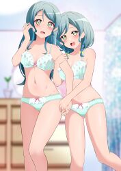 Rule 34 | 2girls, absurdres, aqua bra, aqua hair, aqua panties, arm grab, bang dream!, blurry, blurry background, bow, bow bra, bow panties, bra, braid, breasts, commentary request, commission, crotch seam, depth of field, frilled bra, frilled panties, frills, hand in own hair, highres, hikawa hina, hikawa sayo, indoors, kisaragi setsu (mssk8485), lace, lace-trimmed panties, lace trim, long hair, looking at viewer, matching outfits, medium breasts, medium hair, multiple girls, open mouth, panties, partial commentary, pixiv commission, siblings, side braids, sisters, smile, solo, standing, twin braids, underwear, underwear only, yellow eyes