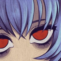 Rule 34 | 1girl, ayanami rei, blue hair, close-up, commentary, cryptidhermit, english commentary, eye focus, eyelashes, faux traditional media, highres, neon genesis evangelion, no nose, red eyes, short hair, solo