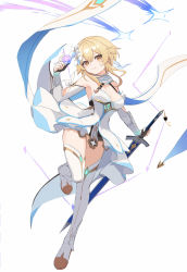 Rule 34 | 1girl, absurdres, blonde hair, boots, breasts, capelet, cleavage, coattails, detached sleeves, dress, eruthika, fingerless gloves, floating hair, flower, full body, gem, genshin impact, glint, gloves, hair flower, hair ornament, highres, holding, holding gem, holding sword, holding weapon, looking at viewer, lumine (genshin impact), medium breasts, short hair with long locks, solo, sparkle, sparkle print, standing, standing on one leg, sword, thigh boots, thighhighs, thighs, vambraces, weapon, white dress, white flower, white thighhighs, yellow eyes, zettai ryouiki