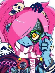 Rule 34 | 1girl, antan, bespectacled, blue skin, bug, code of princess, colored skin, glasses, hair ornament, lady zozo, pink hair, red eyes, scarf, skull hair ornament, smile, solo, spider, stitches, yellow eyes