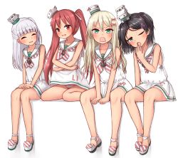 Rule 34 | 4girls, ;o, bare arms, bare legs, bare shoulders, black hair, blunt bangs, blush, bow, clothes lift, covering own mouth, dress, dress lift, grecale (kancolle), green eyes, hair bow, hair ornament, hair ribbon, hairclip, highres, kantai collection, libeccio (kancolle), lifting own clothes, long hair, looking at viewer, maestrale (kancolle), mole, mole under eye, multiple girls, neckerchief, one eye closed, open mouth, panties, pink bow, pink ribbon, red eyes, red hair, ribbon, sailor dress, scirocco (kancolle), short hair, silver hair, simple background, sitting, sleeveless, sleeveless dress, striped clothes, striped footwear, striped neckerchief, striped neckwear, striped panties, tears, tiemu (man190), twintails, two side up, underwear, v-shaped eyebrows, wariza, white background, white dress, white headwear, yawning, yellow eyes
