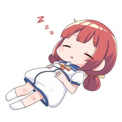 Rule 34 | 1girl, blue sailor collar, chibi, chibi only, closed eyes, dress, full body, hair ribbon, hair rings, kaiboukan no. 4 (kancolle), kantai collection, low twintails, lying, nassukun, on back, parted lips, red hair, ribbon, sailor collar, sailor dress, short sleeves, short twintails, simple background, sleeping, socks, solo, twintails, white background, white socks, zzz