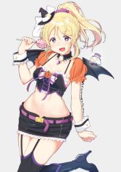 Rule 34 | 1girl, :d, arm at side, arm up, ayase eli, bat wings, belt, black bra, black footwear, black hat, black skirt, black wings, blue eyes, blush, boots, bra, breasts, candy, cleavage, commentary request, crescent, detached collar, detached sleeves, food, garter straps, gem, ghost, grey background, hair ornament, hair ribbon, hair scrunchie, halloween, hat, heart, high heel boots, high heels, holding, lollipop, long hair, looking at viewer, love live!, love live! school idol festival, love live! school idol project, mini hat, mini witch hat, miniskirt, nail, nail polish, navel, open mouth, parted bangs, pink nails, ponytail, puffy short sleeves, puffy sleeves, ribbon, scrunchie, short sleeves, sidelocks, simple background, skirt, skull573, small breasts, smile, solo, standing, standing on one leg, stomach, thigh boots, thighhighs, twitter username, underwear, white ribbon, wings, witch hat, wrist cuffs