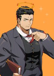 Rule 34 | 1boy, bara, black hair, black jacket, black pants, black vest, book, buttons, closed mouth, collared shirt, facial hair, formal, halo, highres, holding, holding book, jacket, large pectorals, looking at viewer, male focus, muscular, muscular male, necktie, nizitaro, official alternate costume, open clothes, open jacket, pants, pectorals, shirt, short hair, simple background, solo, stubble, tokyo houkago summoners, vest, white shirt, yellow eyes, zabaniyya (fashionista suit) (housamo), zabaniyya (housamo)