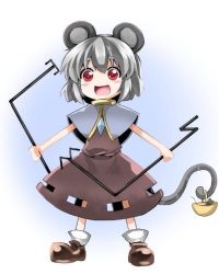 Rule 34 | 1girl, animal ears, capelet, dowsing rod, grey hair, jio (nayutarooo), mouse (animal), mouse ears, mouse tail, nazrin, open mouth, red eyes, short hair, smile, solo, tail, touhou