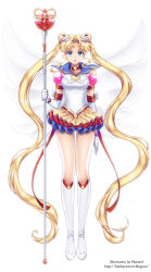 Rule 34 | 1990s (style), 1girl, artist name, bad id, bad pixiv id, bishoujo senshi sailor moon, bishoujo senshi sailor moon sailor stars, bishoujo senshi sailor moon stars, blonde hair, blue eyes, blue sailor collar, boots, brooch, choker, crescent, crescent facial mark, double bun, elbow gloves, eternal sailor moon, eternal tiare, facial mark, forehead mark, full body, gloves, hair bun, hair ornament, hairpin, heart, heart brooch, jewelry, knee boots, layered skirt, long hair, magical girl, pleated skirt, retro artstyle, sailor collar, sailor moon, shainea, skirt, solo, staff, standing, tsukino usagi, twintails, watermark, web address, white background, white footwear, white gloves, wing brooch