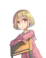 Rule 34 | 1girl, :o, bad id, bad twitter id, blonde hair, blush, bob cut, brown eyes, chair, crossed arms, hair between eyes, looking at viewer, open mouth, oweee, short hair, simple background, sitting, sitting backwards, sleeves past wrists, solo, upper body, white background