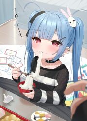 Rule 34 | 1girl, 1other, black bow, blue hair, blue nails, blush, bow, bowl, checkerboard cookie, chopsticks, closed mouth, commentary request, cookie, eating, food, food on face, hair bow, hair ornament, hairclip, highres, holding, holding bowl, holding chopsticks, indoors, jewelry, kotatsu, long hair, long sleeves, mochi, mochi trail, nail polish, original, rabbit hair ornament, red eyes, ring, shirt, sleeves past wrists, solo focus, striped clothes, striped shirt, table, tsukiman, twintails, very long hair, wooden floor