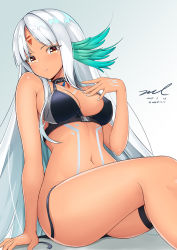 Rule 34 | 1girl, arm support, ass, azur lane, bare arms, bare legs, bare shoulders, bikini, bikini top only, black bikini, black choker, breasts, choker, cleavage, collarbone, dark-skinned female, dark skin, dated, facial mark, forehead mark, gradient background, hair ornament, hand on own chest, hand up, head tilt, large breasts, long hair, looking at viewer, massachusetts (azur lane), nail polish, navel, orange eyes, parted bangs, parted lips, shadow, sidelocks, signature, sitting, solo, stomach, swimsuit, tattoo, thigh strap, thighs, twitter username, unel, untied bikini, very long hair, white hair, white nails