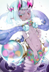 Rule 34 | 1girl, aqua hair, armlet, bare shoulders, belly, blush, breast curtains, breasts, dai yasude, dark-skinned female, dark skin, eyeliner, fate/grand order, fate (series), horns, ibuki douji (fate), ibuki douji (first ascension) (fate), jewelry, lamia, looking at viewer, lying, magatama, makeup, monster girl, navel, oni horns, pointy ears, red eyes, sash, scarf, short hair, sidelocks, small breasts, smile, snake tail, solo, tail, tongue, tongue out