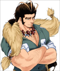 Rule 34 | 1boy, bara, blonde hair, body hair, brown hair, chest hair, commentary, facial hair, fur shawl, green eyes, green shirt, hairy, highres, jewelry, large pectorals, long sideburns, looking at viewer, low ponytail, magatama, magatama necklace, male focus, medium hair, multicolored hair, muscular, muscular male, necklace, pectoral cleavage, pectorals, shawl, shirt, sideburns, smile, solo, streaked hair, stubble, thick eyebrows, tokyo houkago summoners, upper body, white background, yamasachihiko (housamo), yon yon (shikawafu)