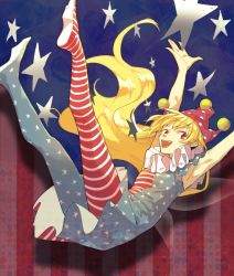 Rule 34 | 1girl, american flag dress, american flag legwear, armpits, arms up, bad id, bad twitter id, blonde hair, clownpiece, dress, fairy wings, hat, hichiko, jester cap, long hair, looking at viewer, neck ruff, open mouth, outstretched arms, pantyhose, polka dot, red eyes, short dress, sleeveless, sleeveless dress, smile, solo, star (symbol), striped clothes, striped pantyhose, teeth, touhou, very long hair, wings