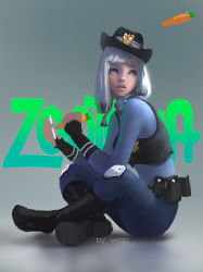 Rule 34 | 1girl, :o, belt, belt pouch, black footwear, black hat, black vest, boots, breasts, carrot, copyright name, crossed legs, denim, disney, emblem, female service cap, full body, gradient background, grey background, hair over shoulder, hat, holding, holding pen, indian style, jeans, judy hopps, knee boots, knee pads, lips, long sleeves, looking back, low twintails, medium breasts, pants, parted lips, pen, personification, pocket, police, police badge, police uniform, policewoman, pouch, purple eyes, silver hair, simple background, sitting, sketchbook, skin tight, solo, swept bangs, teeth, twintails, uniform, vest, wlop, writing, zootopia