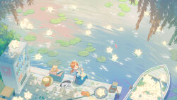 Rule 34 | 1girl, absurdres, artist name, blue eyes, blue overalls, boat, cat, fish, highres, jetty, lake, lily pad, long hair, looking at viewer, low twintails, orange hair, original, overalls, scenery, sitting, star (sky), twintails, vending machine, watercraft, wide shot, x.x.d.x.c