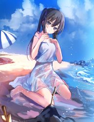 Rule 34 | 1girl, bare arms, bare legs, barefoot, beach, black hair, blue eyes, blue ribbon, blush, crop top, day, dress, full body, hair between eyes, hair ribbon, hanekoto, head tilt, highres, looking at viewer, open mouth, original, outdoors, painting (medium), parasol, ribbon, sand, sand sculpture, sidelocks, sitting, sky, sleeveless, solo, spaghetti strap, stick, strap slip, traditional media, twintails, umbrella, wariza, water, watercolor (medium), wet, wet clothes