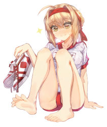 Rule 34 | 1girl, ahoge, barefoot, blonde hair, blush, fate/grand order, fate (series), feet, gym uniform, headband, highres, holding, holding shoes, long hair, looking at viewer, nero claudius (fate), nero claudius (fate/extra), shoes, unworn shoes, smile, soles, toes, yellow eyes