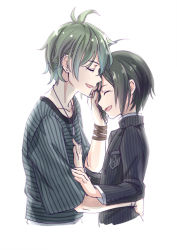 Rule 34 | 2boys, :d, ^ ^, ahoge, amami rantaro, antenna hair, arm around waist, black hair, black jacket, blue shirt, closed eyes, collarbone, danganronpa (series), danganronpa v3: killing harmony, ear piercing, emblem, from side, gakuran, hand on another&#039;s chest, jacket, jewelry, long sleeves, male focus, messy hair, multiple boys, necklace, open mouth, pendant, piercing, profile, ring, saihara shuichi, school uniform, shiro q~, shirt, short sleeves, simple background, smile, striped clothes, striped shirt, upper body, vertical stripes, white background, wristband, yaoi