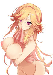 Rule 34 | 1girl, arm under breasts, azur lane, breast hold, breasts, from above, highres, large breasts, long hair, looking at viewer, looking up, mouth hold, nipples, orange hair, purple eyes, richelieu (azur lane), sashimori5, simple background, solo, very long hair, white background