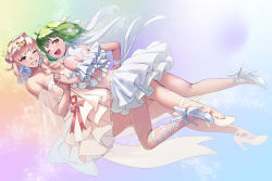 Rule 34 | 2girls, ;d, absurdres, ahoge, ankle bow, ankle ribbon, blue eyes, bow, detached sleeves, dress, earrings, fang, floating hair, full body, green hair, grin, hair ornament, high heels, highres, holding hands, interlocked fingers, jewelry, layered dress, layered skirt, leg ribbon, looking at viewer, macross, macross frontier, medium hair, miniskirt, multicolored hair, multiple girls, one eye closed, open mouth, pink hair, pleated skirt, pumps, ranka lee, red lips, ribbon, see-through, see-through sleeves, sheryl nome, short dress, silver hair, skin fang, skirt, sleeveless, sleeveless dress, smile, snowflake hair ornament, strapless, strapless dress, two-tone hair, uta macross sumaho deculture, white bow, white dress, white footwear, white ribbon, white skirt, wrist ribbon, ybee, yellow eyes