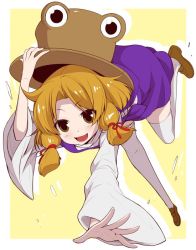 Rule 34 | 1girl, ahoge, blonde hair, brown eyes, brown footwear, dress, eichi yuu, extra eyes, falling, full body, hair ribbon, hand on headwear, hat, long sleeves, looking at viewer, moriya suwako, open mouth, outstretched arm, parted bangs, purple dress, ribbon, shoes, sidelocks, simple background, skirt, skirt set, smile, solo, thighhighs, touhou, white thighhighs, wide sleeves, yellow background