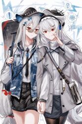 Rule 34 | !, 2girls, ?, absurdres, alternate costume, arknights, black bag, black headwear, black necktie, black pantyhose, black shorts, blue vest, casual, chinese commentary, collared shirt, commentary request, cowboy shot, grey hair, grey jacket, grey shorts, hair between eyes, hand up, hat, heads together, highres, holding hands, holding strap, jacket, long hair, long sleeves, looking at viewer, multiple girls, necktie, open clothes, open jacket, open vest, pantyhose, parted lips, red eyes, shirt, shorts, skadi (arknights), smile, specter (arknights), spoken exclamation mark, spoken question mark, sunglasses, very long hair, vest, white shirt, zuo daoxing
