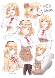 Rule 34 | 1girl, ara ara, blonde hair, blue eyes, breasts, character name, hand on own cheek, hand on own face, highres, hololive, hololive english, laughing, looking down, medium breasts, multiple views, ojou-sama pose, one eye closed, pocket watch, salute, sitting, speech bubble, stretching, tfqr, thinking, virtual youtuber, watch, watson amelia