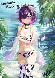 Rule 34 | 1girl, absurdres, animal ears, animal print, azur lane, bare shoulders, bell, bikini, blush, breasts, closed mouth, commission, cone hair bun, cow ears, cow horns, cow print, cow print bikini, cow tail, cowbell, double bun, hair bun, hair over one eye, highres, horns, jervis (azur lane), large breasts, leaf, looking at viewer, navel, palm leaf, print bikini, purple eyes, purple hair, short hair, side-tie bikini bottom, signature, skeb commission, solo, standing, swimsuit, tail, thighhighs, water, werewolf kg