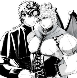 Rule 34 | 2boys, arms behind back, closed mouth, commentary request, demon horns, demon wings, dio brando, ear birthmark, grm jogio, holding, holding leash, horns, jojo no kimyou na bouken, jonathan joestar, leash, long sleeves, looking at another, male focus, medium hair, monochrome, multiple boys, muscular, pectorals, phantom blood, priest, scarf, short hair, sweatdrop, v-shaped eyebrows, wings, yaoi