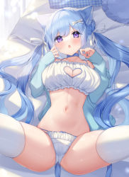 Rule 34 | 1girl, animal ears, ass, ayuma sayu, bare shoulders, bed, blue choker, blue hair, blue jacket, bow, bra, breasts, cat ears, cat girl, cat lingerie, cat tail, choker, cleavage, cleavage cutout, clothing cutout, collarbone, crotch seam, frilled bra, frilled panties, frills, hair bow, hair ribbon, hands up, heart cutout, jacket, large breasts, long hair, long sleeves, looking at viewer, lying, meme attire, multi-strapped panties, navel, off shoulder, on back, on bed, open clothes, open jacket, open mouth, original, panties, pillow, purple eyes, ribbon, skindentation, solo, spread legs, stomach, string bra, string panties, tail, thighhighs, thighs, twintails, underwear, very long hair, white bra, white panties, white thighhighs