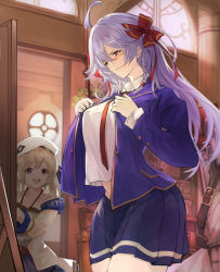 Rule 34 | 2girls, :d, absurdres, ahoge, alternate costume, blonde hair, blue eyes, blue skirt, blush, braid, breasts, closed mouth, collared shirt, commentary request, cucouroux (granblue fantasy), doorway, granblue fantasy, hair between eyes, hair ribbon, hat, highres, indoors, jacket, large breasts, light purple hair, long hair, looking at another, mirror, multiple girls, nos, open mouth, pleated skirt, purple jacket, red neckwear, ribbon, school uniform, shirt, silva (granblue fantasy), skirt, smile, standing, white shirt