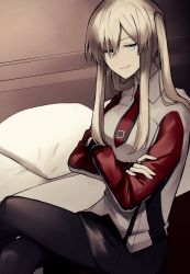 Rule 34 | 1girl, absurdres, banned artist, bed, black pantyhose, black skirt, blue eyes, cross, crossed arms, crossed legs, graf zeppelin (kancolle), hair between eyes, highres, iron cross, kantai collection, long hair, military, military uniform, on bed, pantyhose, parted lips, pleated skirt, saki tsurugi, sidelocks, sitting, skirt, solo, twintails, uniform