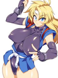 Rule 34 | 1girl, ahoge, armpits, black gloves, black leotard, blonde hair, blush, bracelet, breasts, cameltoe, closed mouth, collarbone, covered collarbone, covered erect nipples, cowboy shot, elbow gloves, fingerless gloves, gloves, groin, halterneck, hand up, headband, highres, holding, holding weapon, huge breasts, impossible clothes, impossible leotard, japanese clothes, jewelry, kimono, kunai, legs together, leotard, leotard under clothes, light smile, long hair, looking at viewer, martial champion, ninja, open clothes, open kimono, parted bangs, perky breasts, puffy nipples, racheal, raised eyebrows, sash, shiny clothes, shiny skin, short kimono, short sleeves, simple background, skin tight, solo, standing, tasuki, thighs, turtleneck, weapon, white background, wokashiya