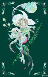 Rule 34 | 1girl, absurdres, bare shoulders, bbchao, braid, brown hair, crescent, cyborg, dress, elbow gloves, flower, full body, gloves, green background, green eyes, hair ornament, hair ribbon, highres, holding, holding weapon, jellyfish, jewelry, light bulb, long hair, looking at viewer, original, pink ribbon, ribbon, simple background, single braid, solo, sword, very long hair, watermark, weapon, weibo logo, weibo username, white dress, white gloves