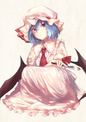 Rule 34 | 1girl, ascot, bat wings, blue hair, commentary request, hat, hat ribbon, highres, holding, long skirt, magnifying glass, mob cap, puffy short sleeves, puffy sleeves, red eyes, red ribbon, remilia scarlet, ribbon, sakusyo, short hair, short sleeves, simple background, skirt, skirt set, solo, squatting, touhou, wings